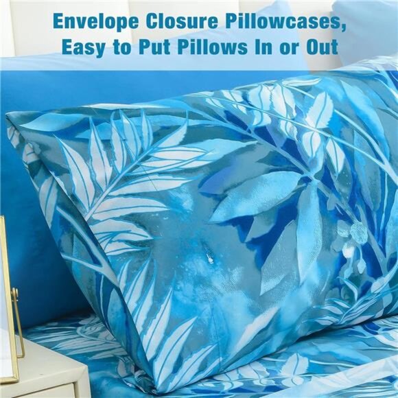 Blue Tropical Leaves Print Sheet Set Queen, 4 Piece Soft Pattern Microfiber - Picture 4 of 7